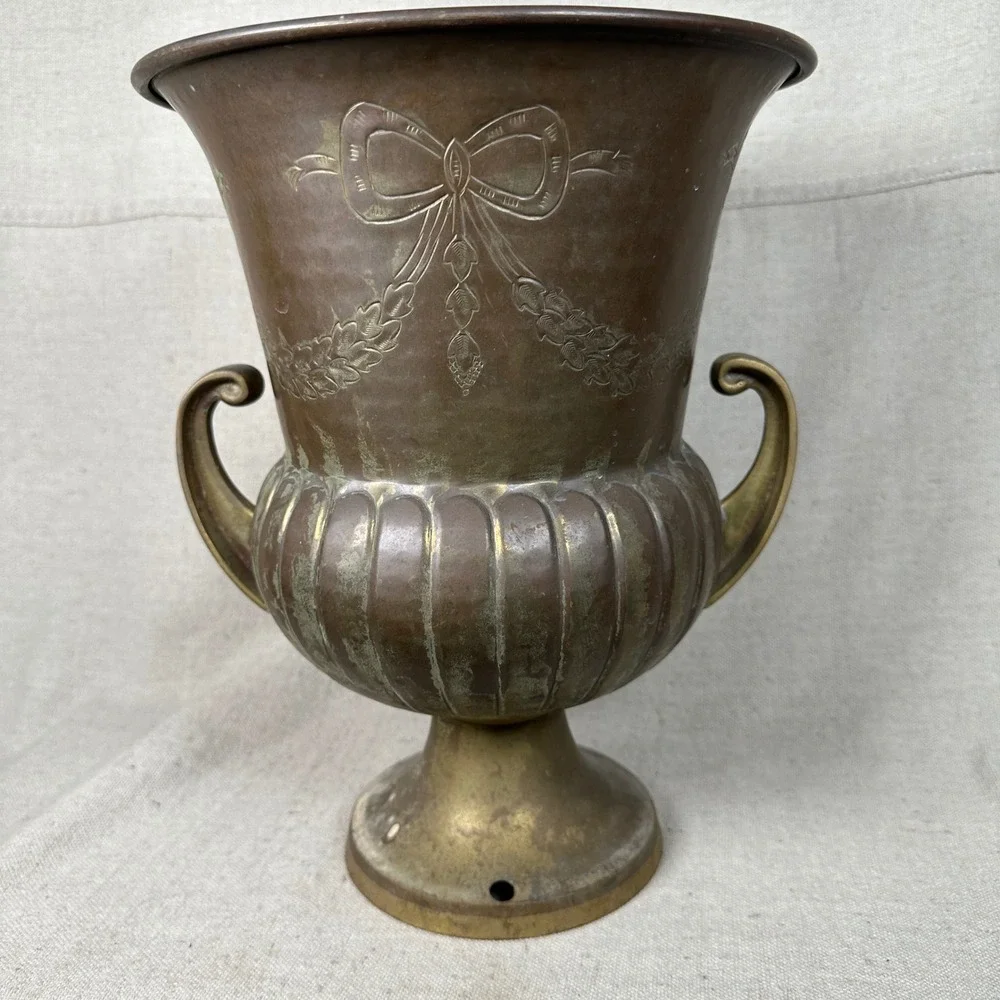 Vintage Brass Bow and Garland Urn Vase Footed Planter with Handles Patina‎
